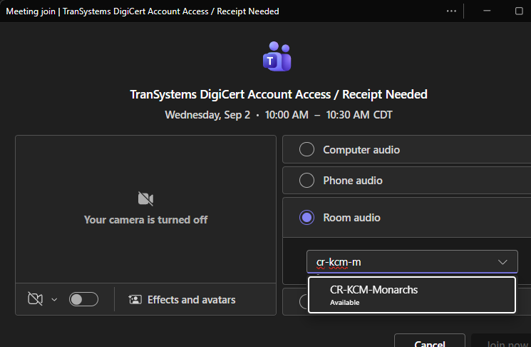 Teams Room Audio selection example